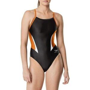 Speedo Women S Edge Splice One-Piece Swimsuit, Black/Orange, 26 NWT